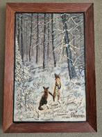 Vintage metalen reliëf schilderij – winterbos met vossen, Ophalen, Gebruikt, Overige typen, 50 tot 75 cm