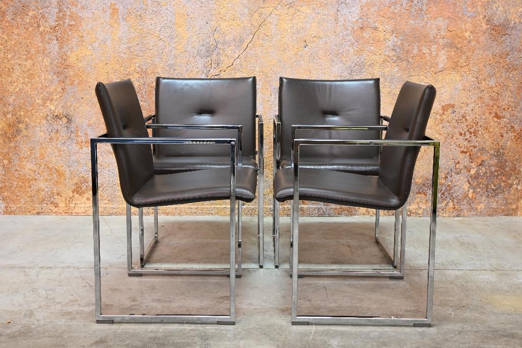 ZGANieuw 4 bruine leren Arco Frame design stoelen, Arco, Bruin, Ophalen of Verzenden, Zo goed als nieuw