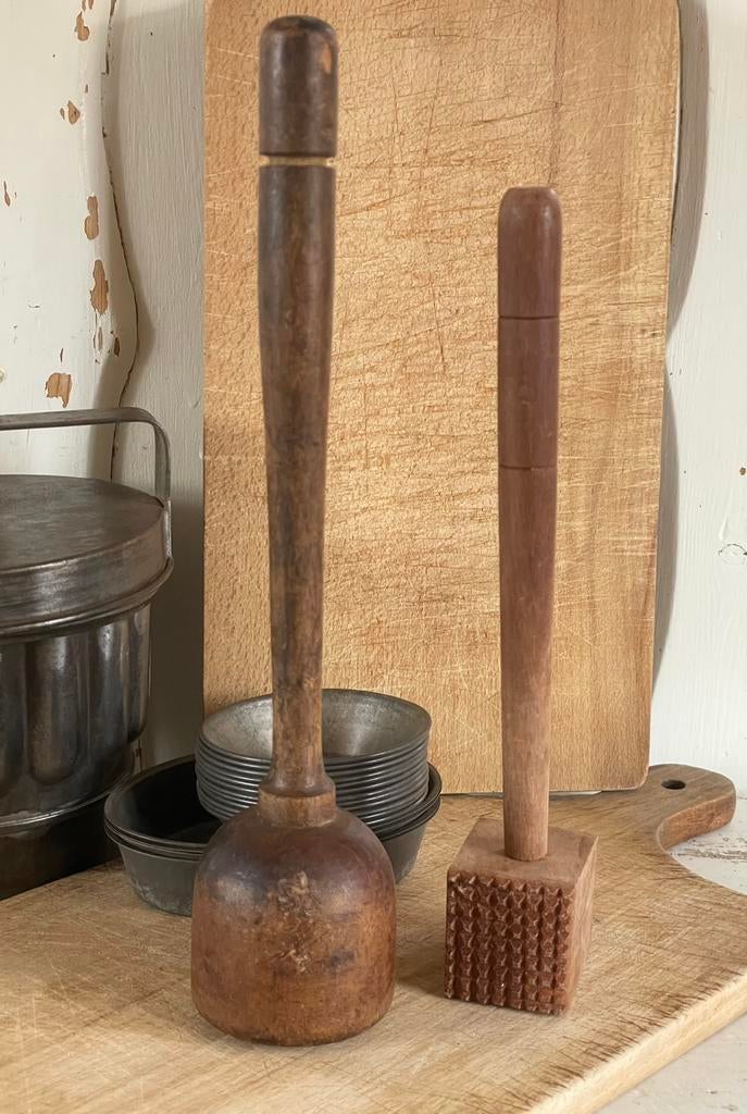 Brocante oud houten keukengerei stamper & vleeshamer, Ophalen of Verzenden