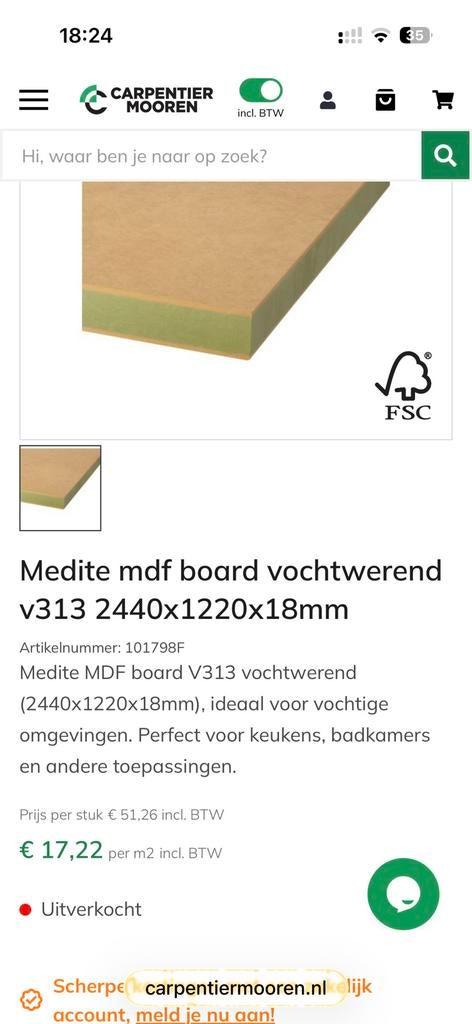 1,5 plaat Medite MDF plaat vochtwerend 18 mm, Doe-het-zelf en Verbouw, Platen en Panelen, Ophalen, Zo goed als nieuw