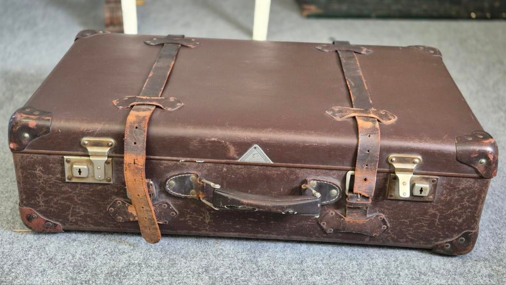 Vintage Koffer - Bruin met Leren Banden, Overige materialen, Gebruikt, Slot, 35 tot 45 cm