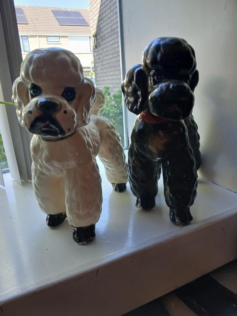 Vintage Poedel Beeldjes - Zwart en Wit Keramiek, Ophalen