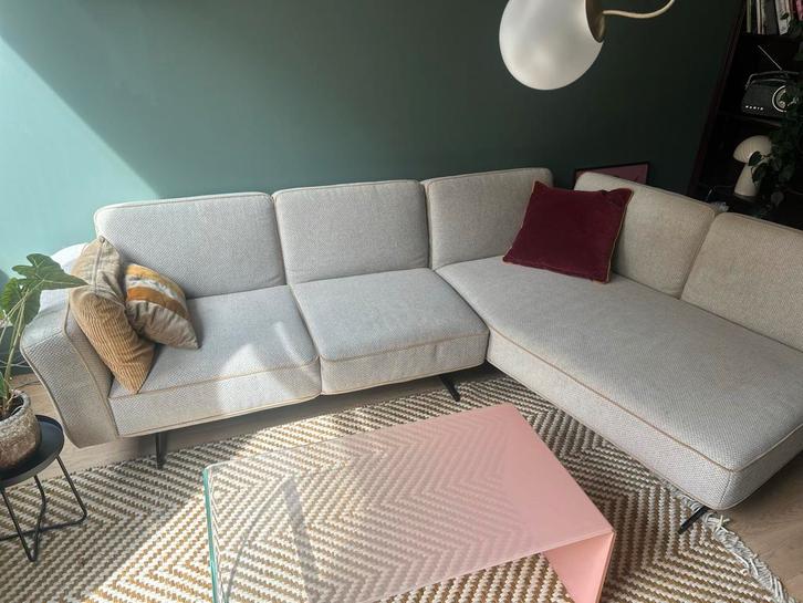 Comfortabele Montel hoekbank – beige/grijs, Huis en Inrichting, Banken | Bankstellen, Gebruikt, Hoekbank, Driepersoons, 200 tot 250 cm