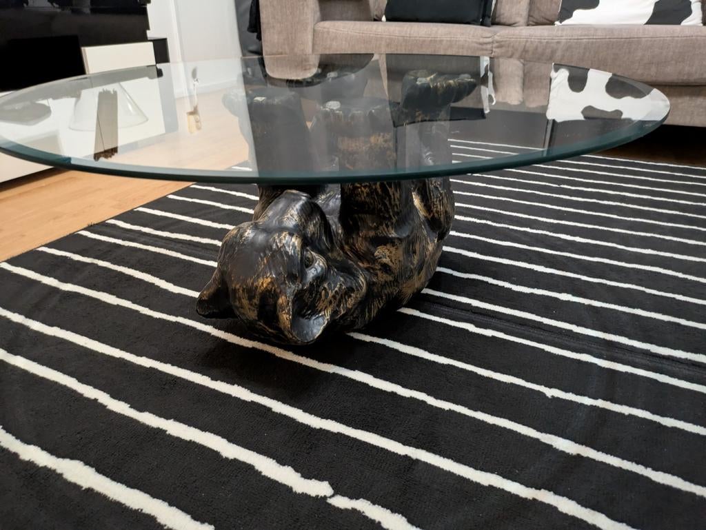 Salontafel met glazen blad en houten onderstel, Ophalen