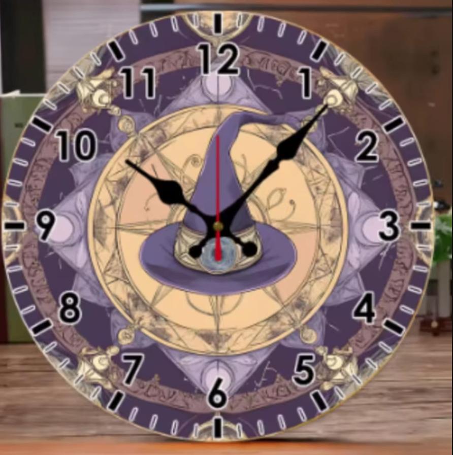 Ronde wandklok van hout Tovenaarshoed paars (25cm), Ophalen of Verzenden, Nieuw, Wandklok