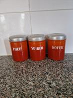 Vintage Brocante Voorraadpotten Thee, Suiker, Koffie - Rood, Antiek en Kunst, Curiosa en Brocante, Ophalen of Verzenden
