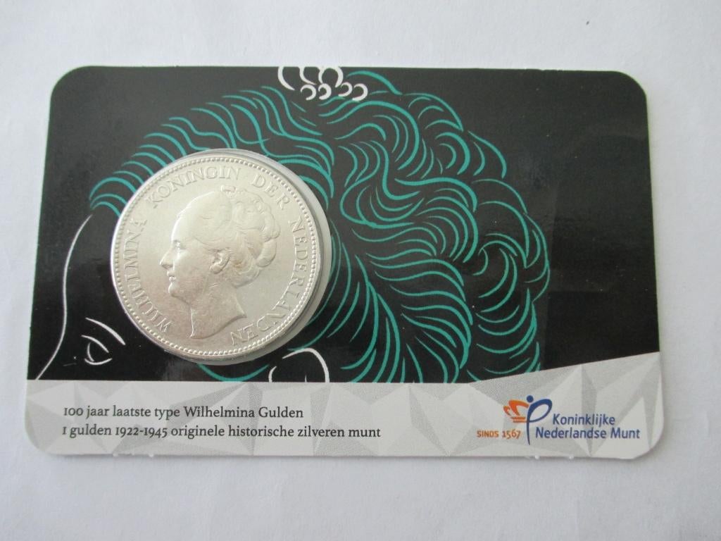 Coincard 100 jaar laatste type Wilhelmina gulden 1928, 1 gulden, Setje, Zilver, Ophalen of Verzenden