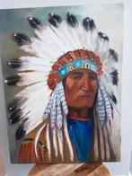 Olieverf Schilderij - Indiaan met Veren Hoofdtooi, Ophalen of Verzenden