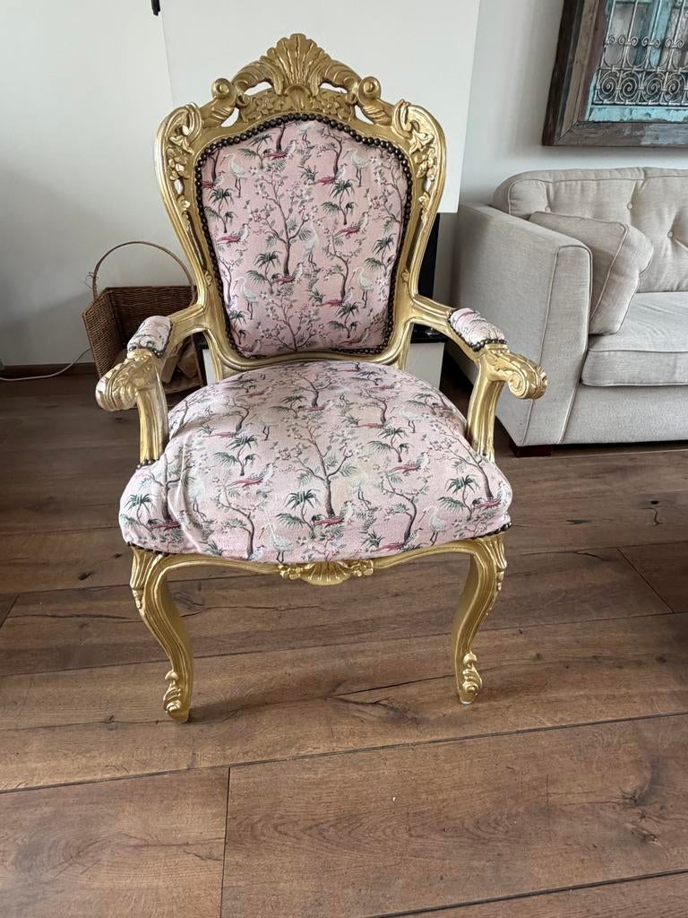 Barokstoel met roze bekleding en vogelprint, Ophalen, Gebruikt, Overige kleuren, Eén