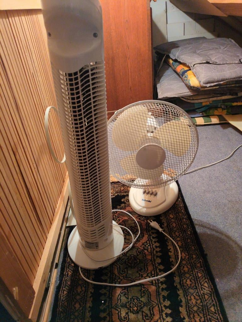 Set van 2 ventilatoren: torenventilator en tafelventilator, Witgoed en Apparatuur, Ventilatoren, Ophalen, Gebruikt, Torenventilator