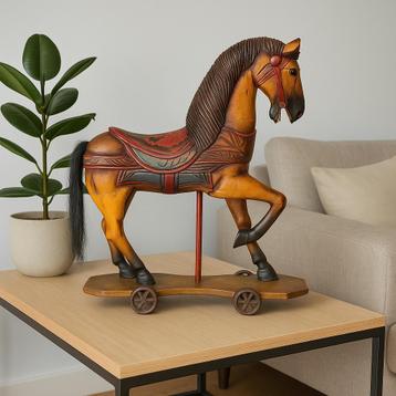 Antiek houten paard op gietijzeren wielen – ca. 1900 beschikbaar voor biedingen