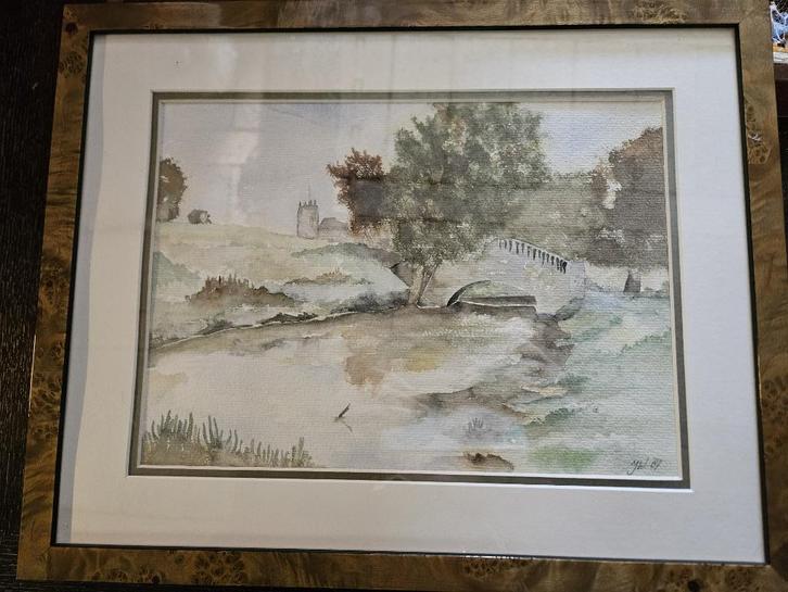 Mooi aquarel schilderij met passe-partout in lijst, Antiek en Kunst, Kunst | Schilderijen | Klassiek, Ophalen