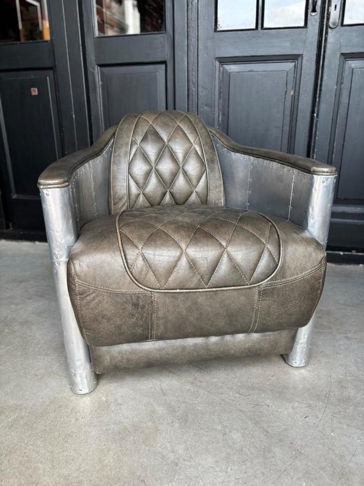 Aviator fauteuil groen leer en aluminium, Huis en Inrichting, Fauteuils, Gebruikt, Leer, Metaal, 50 tot 75 cm, 75 tot 100 cm, Ophalen of Verzenden