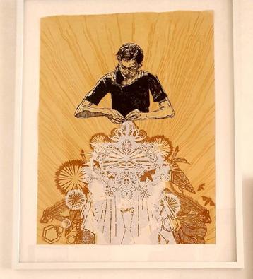 SWOON "Alison the Lacemaker" zeefdruk op jute papier beschikbaar voor biedingen