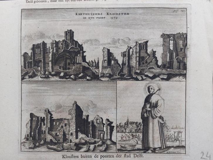 14 / karthuizers klooster bij Delft, Antiek en Kunst, Kunst | Etsen en Gravures, Ophalen of Verzenden