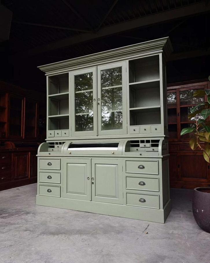 Prachtige groene apothekerskast | Buffetkast teakhout  #1909, Huis en Inrichting, Kasten | Buffetkasten, Zo goed als nieuw, 200 cm of meer