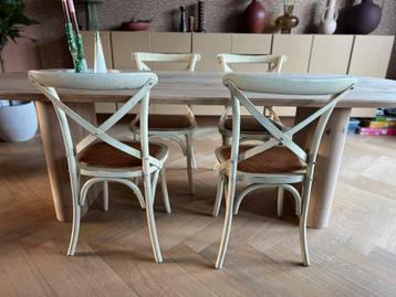 Landelijke houten eetkamerstoelen 4x creme met rotan zitting