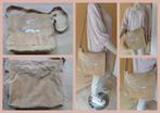 LEREN beige schoudertas met glimmer veertjes 31x37cm, Beige, Overige typen, Zo goed als nieuw, Verzenden