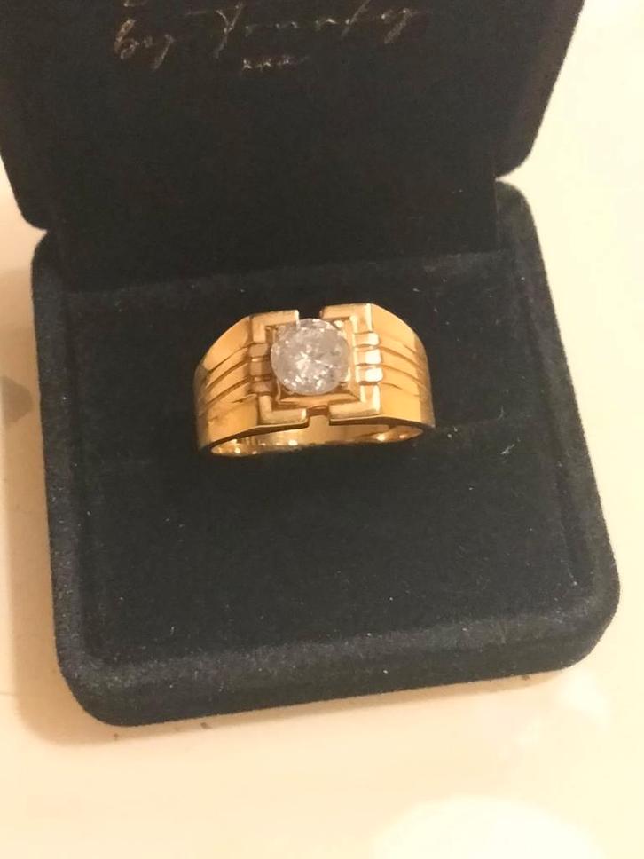Gouden herenring 18k met diamant 0.92ct - Maat 19-20, Sieraden, Tassen en Uiterlijk, Ringen, Zo goed als nieuw, Heer, 19 tot 20