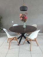 Mangohout Rond eettafel 130cm met stoelen, Ophalen, Rond, Zo goed als nieuw, Vijf personen of meer