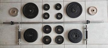 Halterstang, 2xdumbellbars & 50kg schijven: Zie Beschrijving beschikbaar voor biedingen