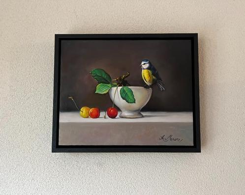Alfonso Moreno pimpelmees en kersen op paneel., Antiek en Kunst, Kunst | Schilderijen | Klassiek, Ophalen of Verzenden