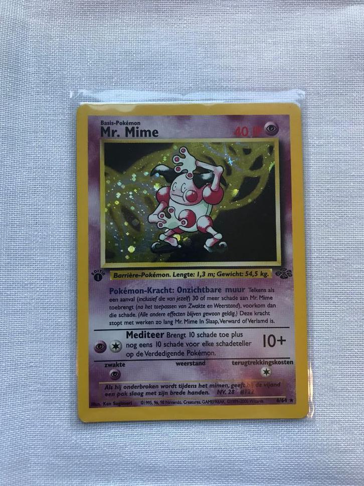 Mr.Mime JU 6 First Edition, Hobby en Vrije tijd, Verzamelkaartspellen | Pokémon, Gebruikt, Losse kaart, Foil, Ophalen of Verzenden