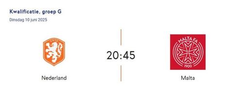Nederland - Malta 10 juni, Tickets en Kaartjes, Sport | Voetbal, Twee personen, Juni, Losse kaart, Nederlands elftal