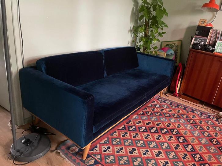 Blauwe velours 3-zitsbank – in uitstekende staat, Huis en Inrichting, Banken | Complete zithoeken, Zo goed als nieuw, Stof, Ophalen