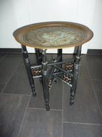 Ouder bijzet tafeltje met messing blad., Minder dan 55 cm, Gebruikt, Rond, Hout