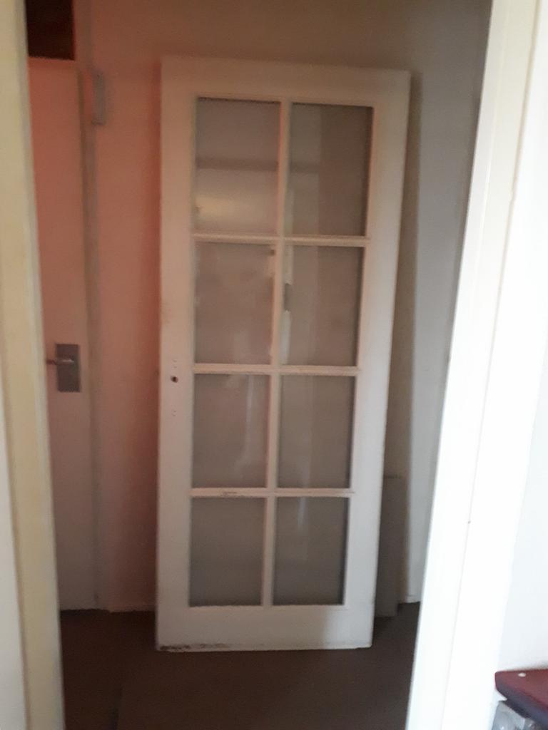 Hardhouten binnendeur, wit in grondverf, dik glas, Huis en Inrichting, Ophalen