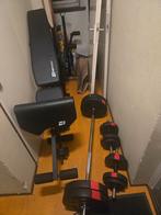 Halterbank van hopsport inclusief 75 kg aan gewichten, Ophalen, Benen, Gebruikt, Krachtstation