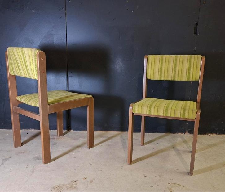Constructivistische eetkamerstoelen jaren 70 - Groen, Huis en Inrichting, Stoelen, Gebruikt, Twee, Hout, Stof, Overige kleuren