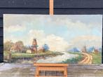 B H Slotman olieverf Hollands landschap met molens, Antiek en Kunst, Kunst | Schilderijen | Klassiek, Ophalen of Verzenden