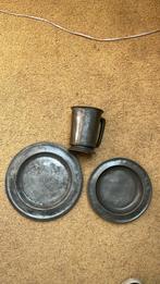 2 antieke tinnen borden en tinnen bierkan, Antiek en Kunst, Antiek | Tin, Ophalen of Verzenden