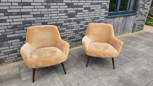 Fauteuil Oscar Deens Design Oker 2 stuks met ronde poef, Huis en Inrichting, Fauteuils, Zo goed als nieuw, Hout, Stof, 75 tot 100 cm