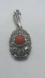 Zilveren hanger bloedkoraal & markasiet, Ophalen of Verzenden, Zilver, Zilver, Met edelsteen