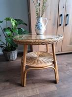Vintage rotan bijzet / salontafel gevlochten riet  glasplaat, Huis en Inrichting, Tafels | Bijzettafels, Gebruikt, Rond, Hout