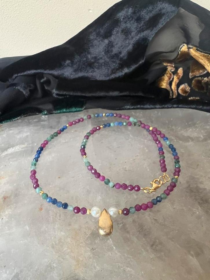 Robijn smaragd saffier Akoya zoutwater parel beschermt uniek, Sieraden, Tassen en Uiterlijk, Kettingen, Nieuw, Zilver, Met edelsteen