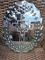Antieke spiegelglas met kruisbeeld, zie foto's, Antiek en Kunst, Antiek | Religie, Ophalen of Verzenden