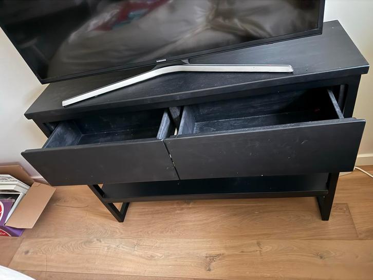 Massief Eiken Side Table - Zwart met 2 Lades, Huis en Inrichting, Kasten | Televisiemeubels, Gebruikt, Minder dan 100 cm, Minder dan 50 cm