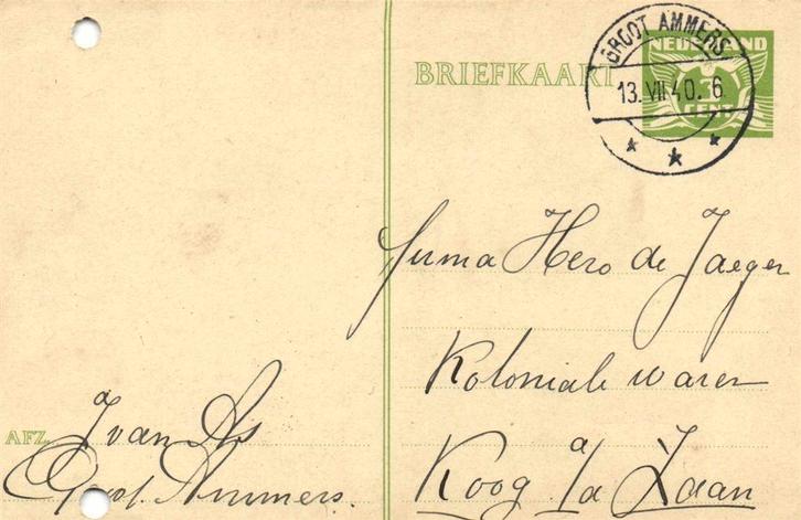 J. van As, Groot Ammers - 07.1940 - briefkaart, Postzegels en Munten, Brieven en Enveloppen | Nederland, Briefkaart, Ophalen of Verzenden