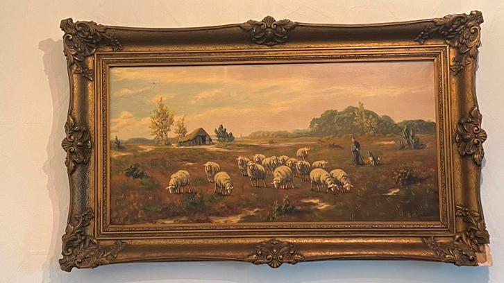 Olieverf schilderij met herberg, herder en schapen, Antiek en Kunst, Kunst | Schilderijen | Klassiek, Ophalen of Verzenden