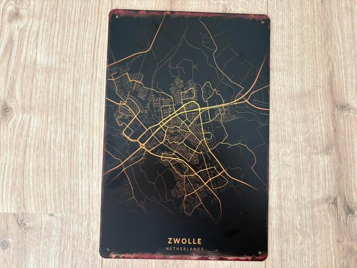 Prachtig vintage bord Zwolle plattegrond (20x30cm), Huis en Inrichting, Woonaccessoires | Memoborden, Nieuw, Overige typen, Ophalen of Verzenden