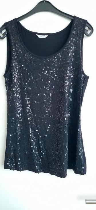 Kerst feest top hemd shirt zwart met pailletten L-XL 42-44, Kleding | Dames, Tops, Zo goed als nieuw, Maat 42/44 (L), Zwart, Zonder mouw