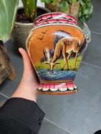 Handbeschilderde afrikaanse houten vaas pot prachtig dieren, Huis en Inrichting, Minder dan 50 cm, Overige materialen, Ophalen of Verzenden