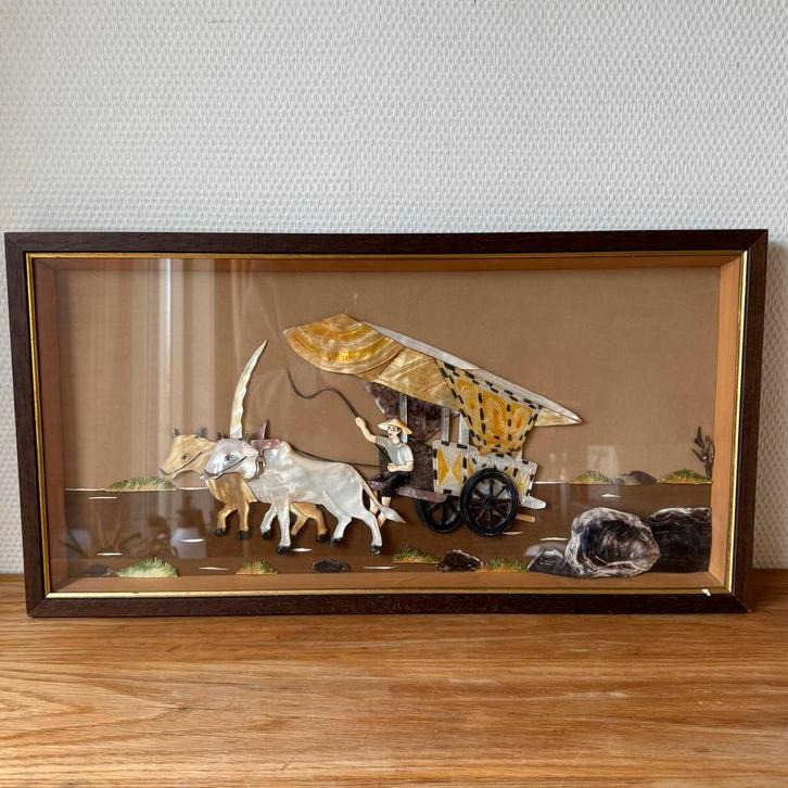 Vintage Parelmoer Schelpen Schilderij, Texas Woonwagen Stier, Huis en Inrichting, Woonaccessoires | Wanddecoraties, Zo goed als nieuw