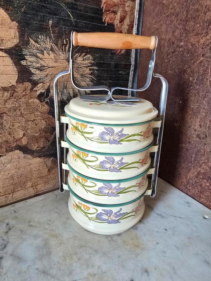 Emaille rantang etensdrager orchidee, Antiek en Kunst, Antiek | Emaille, Ophalen of Verzenden