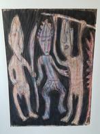 Schilderij Afrikaans - Primitief/Tribaal inkt & pastelkrijt, Antiek en Kunst, Ophalen of Verzenden