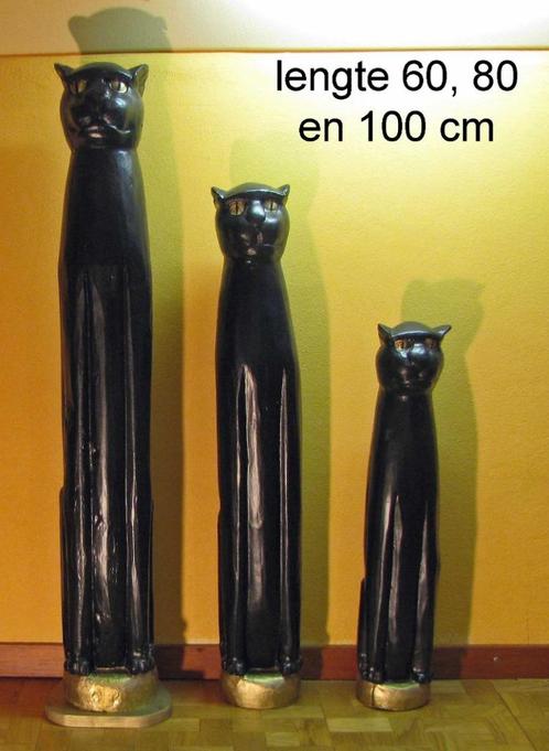 Set van 3 grote houten zwarte katten, Antiek en Kunst, Kunst | Beelden en Houtsnijwerken, Ophalen of Verzenden